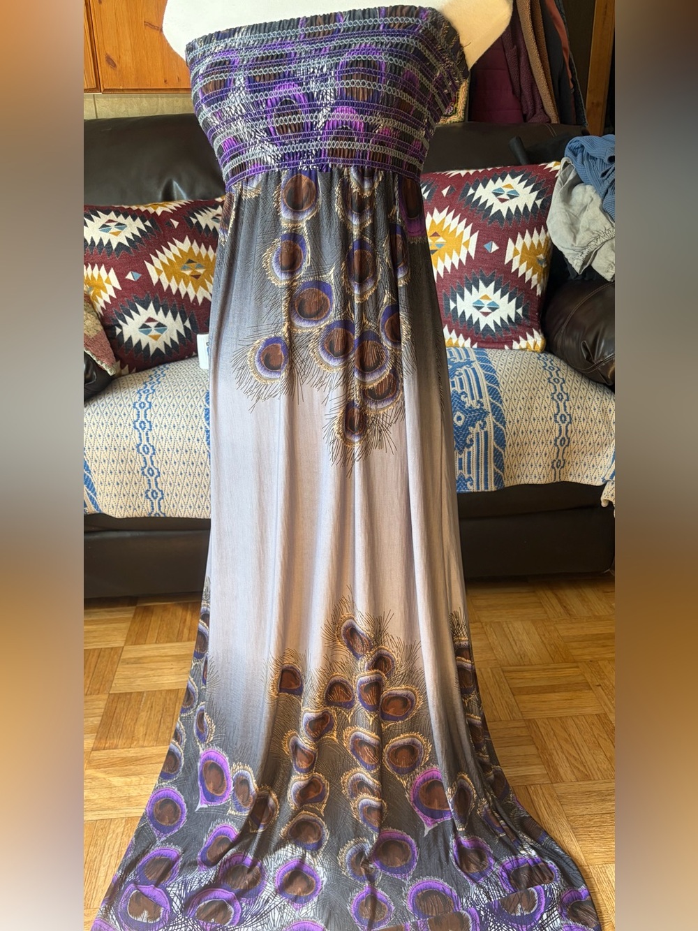 Forever 21 Peacock Ombre Print, Smocked Strapless Maxi Dress Size Medium